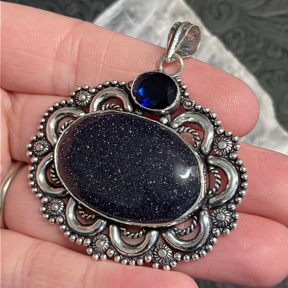 Blue Goldstone and Gem Bohemian Pendant Stone Crystal Jewelry - Picture 4 of 6